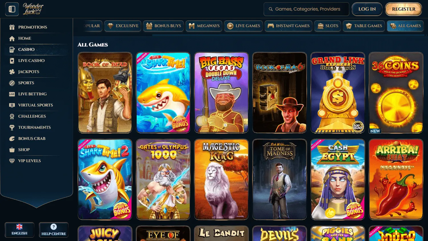 Wonderluck Casino desktop games area with casino titles and categories