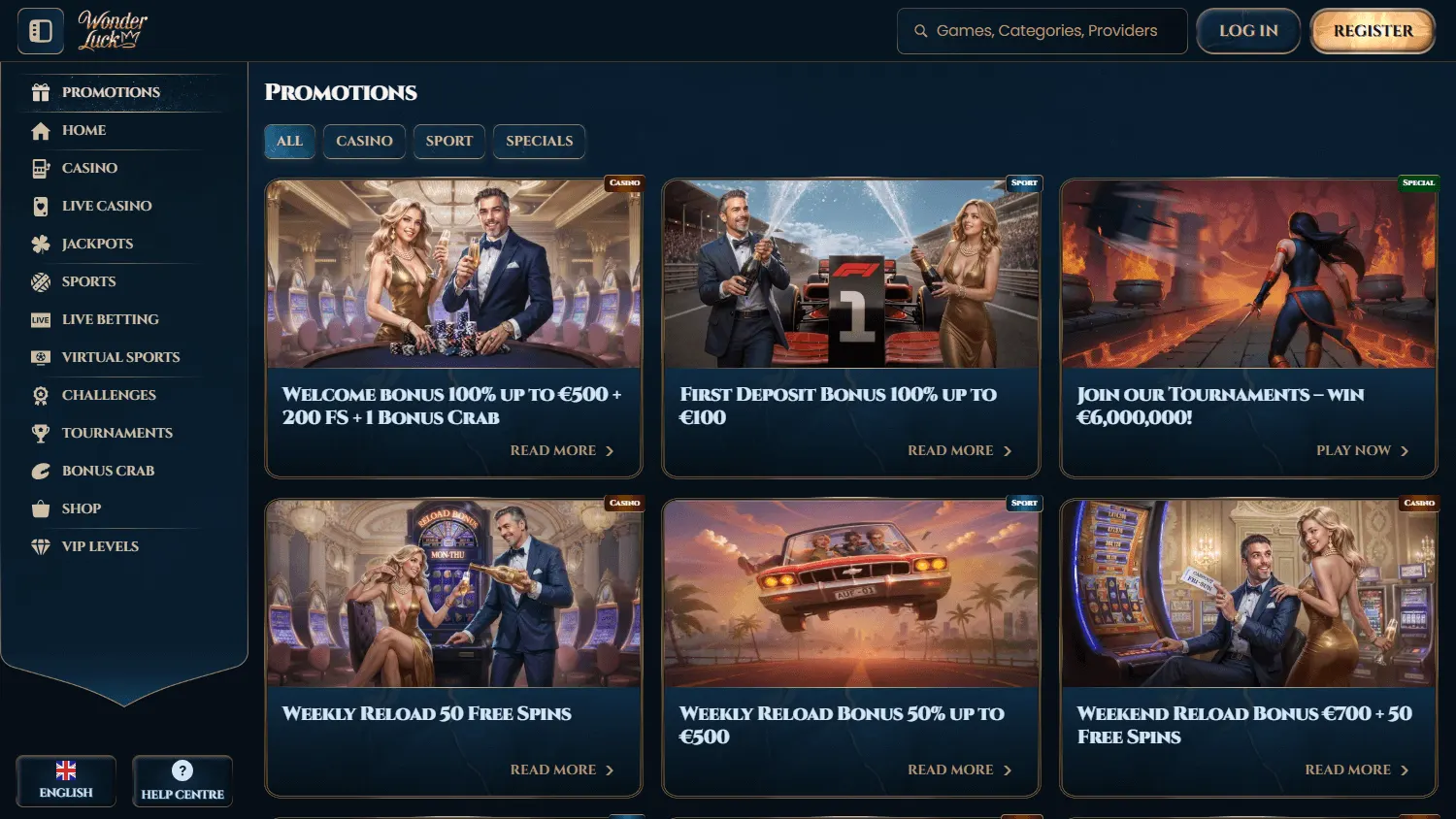 Wonderluck Casino desktop promotions area with bonuses and prize events