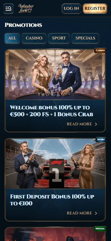 Wonderluck Casino mobile browser promotions area