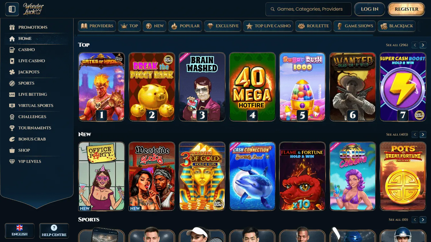 Wonderluck Casino desktop home screen with casino and sportsbook access