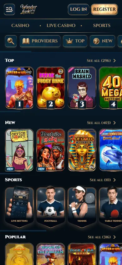 Wonderluck Casino mobile browser home screen on a phone