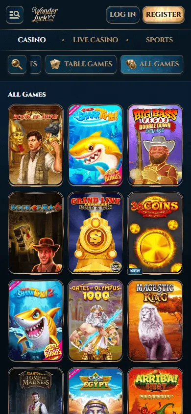 Wonderluck Casino mobile browser games area with casino titles